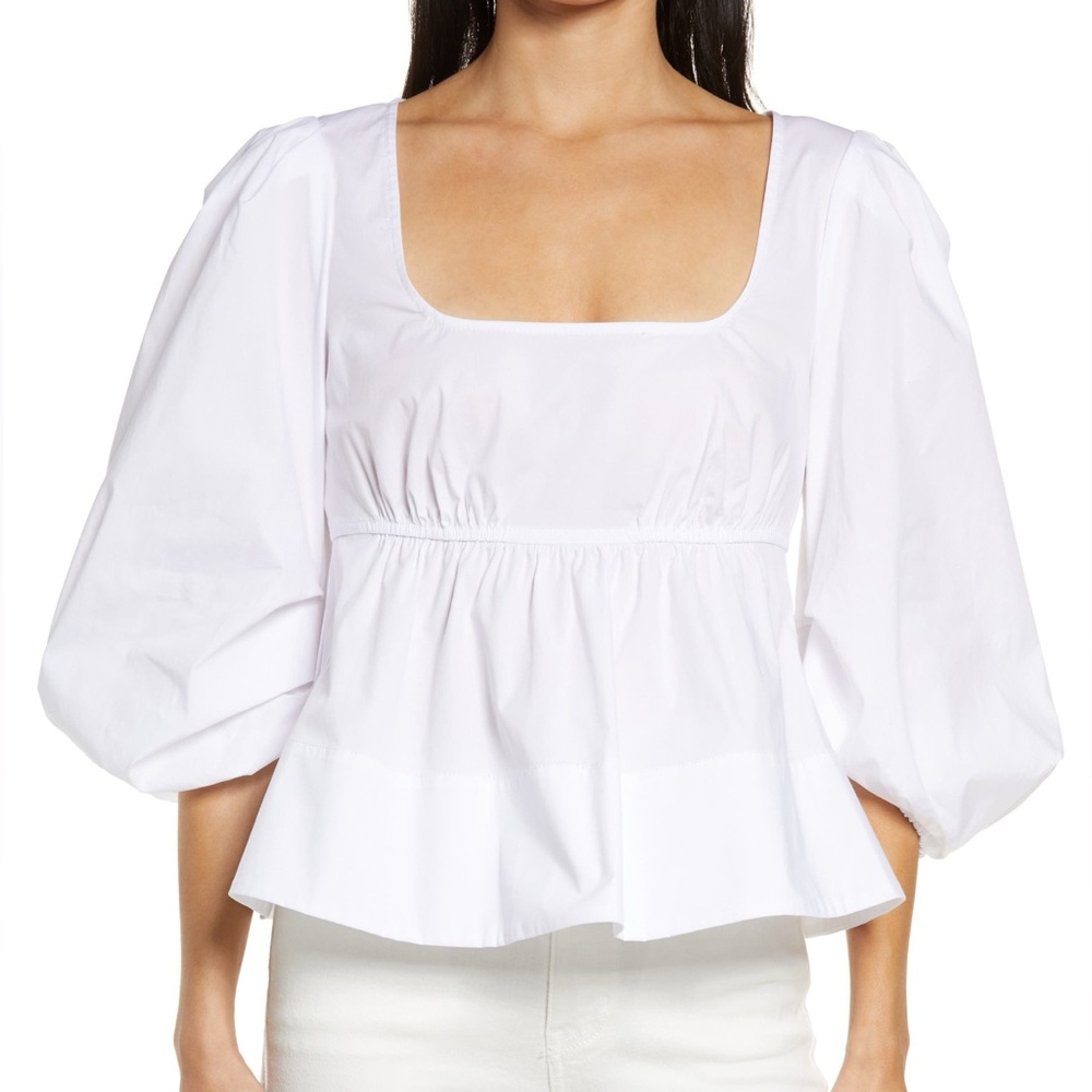 Staud Sophie Blouse Top - White Peplum Babydoll Square Neck Puffy Quarter Sleeve